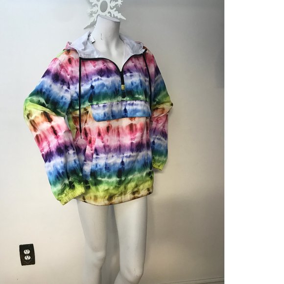 F21 Forever 21 Hooded Windbreaker Anorak Jacket Spring Rainbow Man Tie Dye Pride - Picture 2 of 6